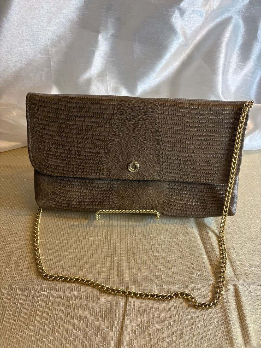Vintage Faux Lizard Skin Envelope Clutch with Gold Chain Strap